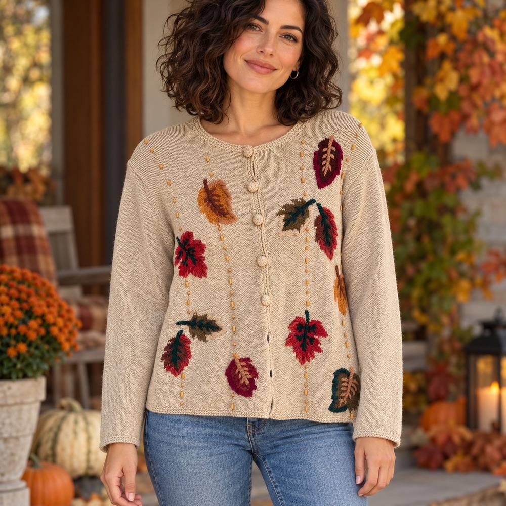 Milano Design Group Womens Medium Beige Fall Leaf Embroidered Cardigan Sweater